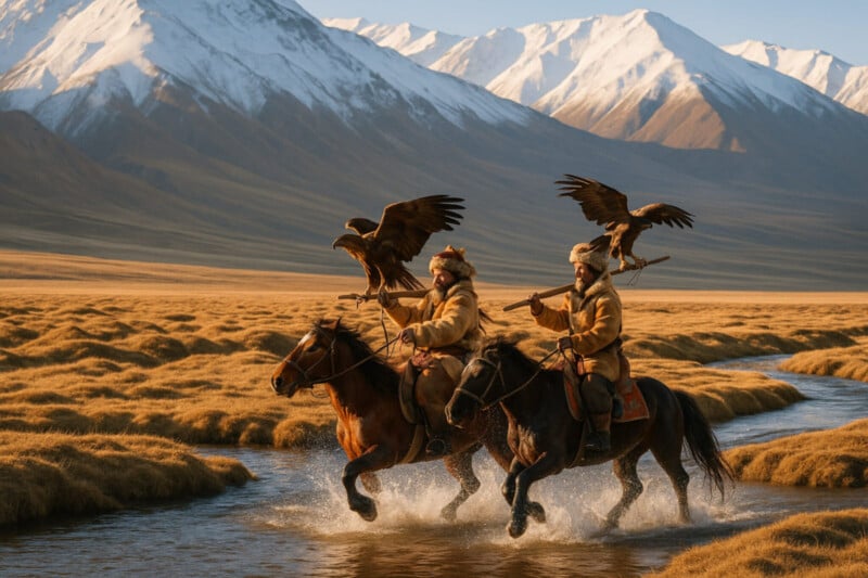 Two people in traditional attire ride horses through a shallow stream, each holding a large eagle. Snow-capped mountains rise in the background under a clear sky, and golden grass covers the landscape.