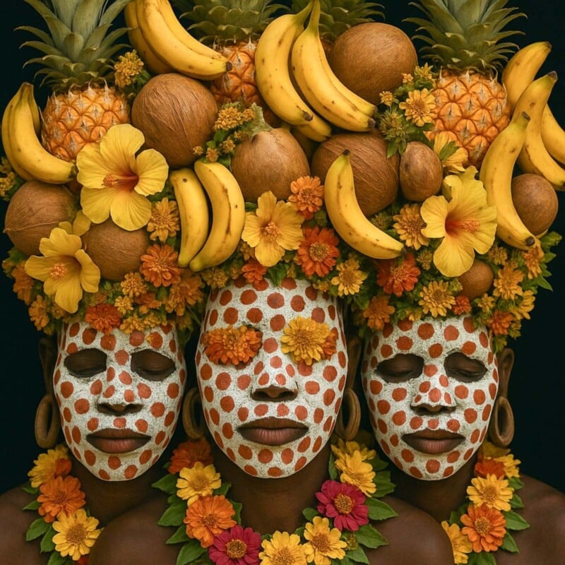 Three people with faces painted in white and red dots wear elaborate headdresses made of bananas, pineapples, coconuts, and yellow flowers, against a dark background. They also wear matching floral necklaces.