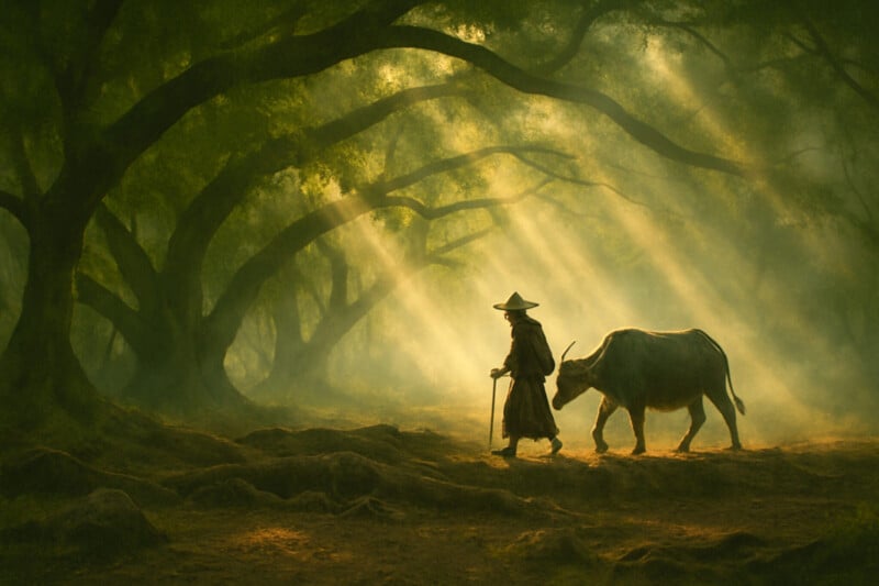 A person wearing a wide-brimmed hat walks with a buffalo under large, arching trees as sunlight streams through the misty forest, creating a serene and atmospheric scene.