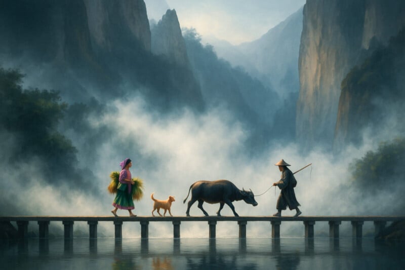 A woman, a dog, and a man with a water buffalo cross a narrow wooden bridge over calm water, surrounded by misty mountains and lush greenery in the background.