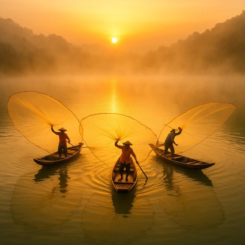 Three fishermen in traditional hats cast large nets from wooden boats on a calm lake at sunrise, with golden light reflecting on the water and misty hills in the background.