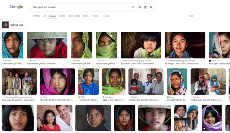 Google image search results for "blue eyed girl vietnam," displaying various portraits of girls and women, many wearing headscarves, with striking blue or green eyes and diverse backgrounds.