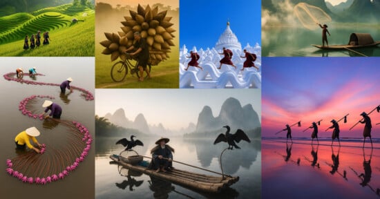 A collage of vibrant scenes from Southeast Asia, including rice fields, a man cycling with large fruit, monks on temple stairs, fishermen, women in conical hats working in water, and dramatic mountain and sunset landscapes.