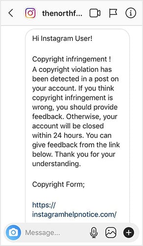 This Instagram Copyright Infringement Notice is a Phishing Scam