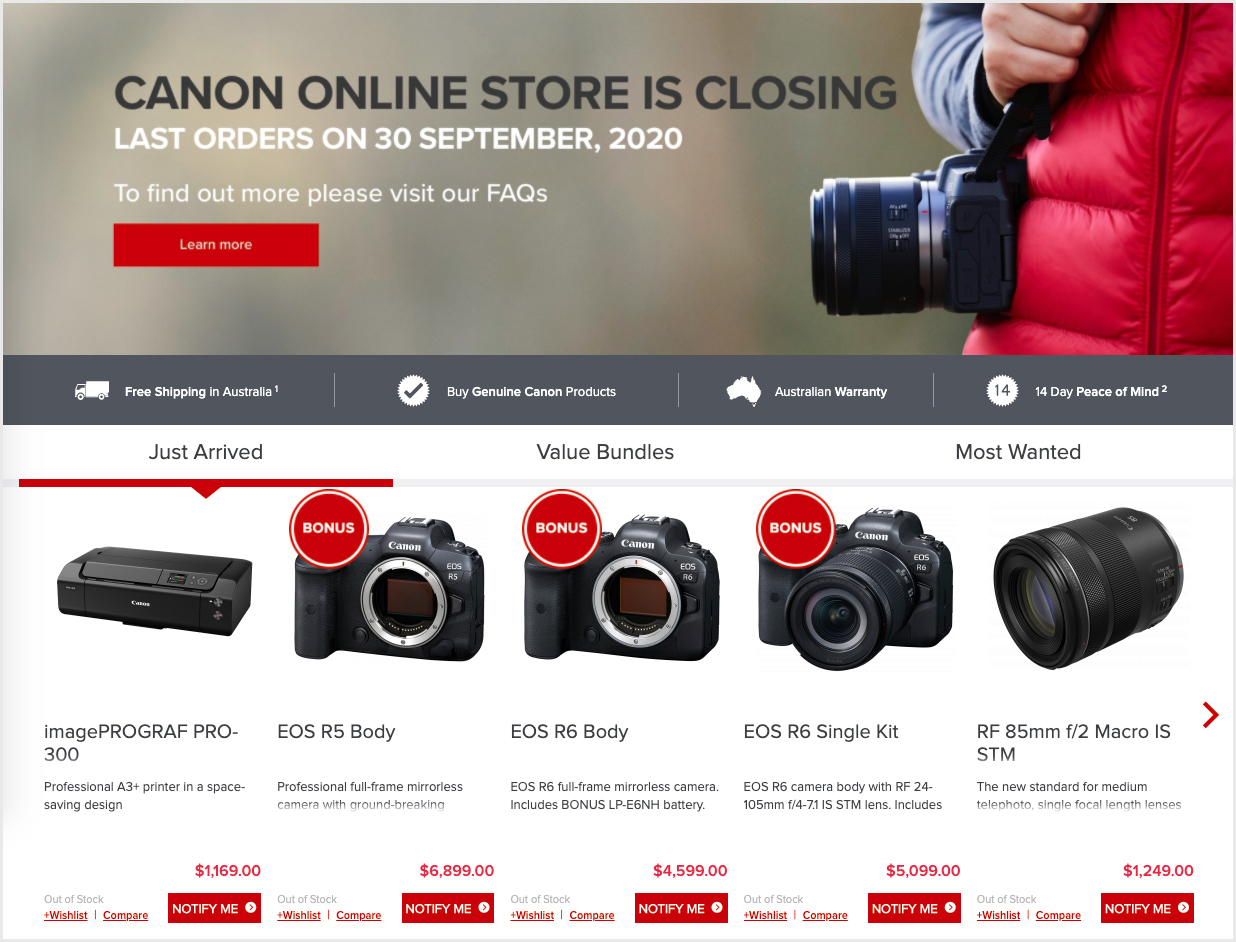Canon Closes Online Store in Australia to 'Support Local Retail