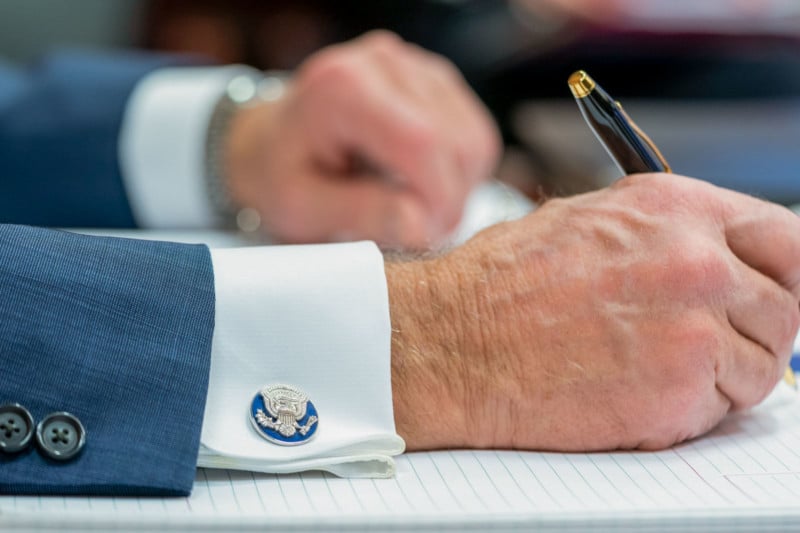 President Joe Biden’s cufflinks are seen during his participation in the G7 Leaders’ Virtual Meeting Friday, Feb. 19, 2021, in the White House Situation Room. (Official White House Photo by Adam Schultz)