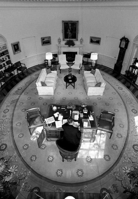 2-19-1988 President Reagan working alone in the Oval Office-remote camera