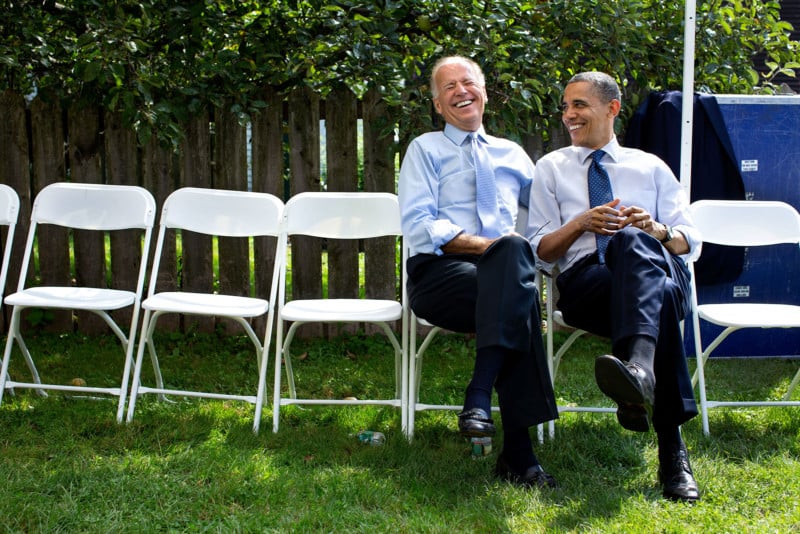 President Barack Obama and Vice President Joe Biden talk backstage during a grassroots campaign event at Strawbery Banke Museum in Portsmouth, New Hampshire, Sept. 7, 2012. (Official White House Photo by Pete Souza)