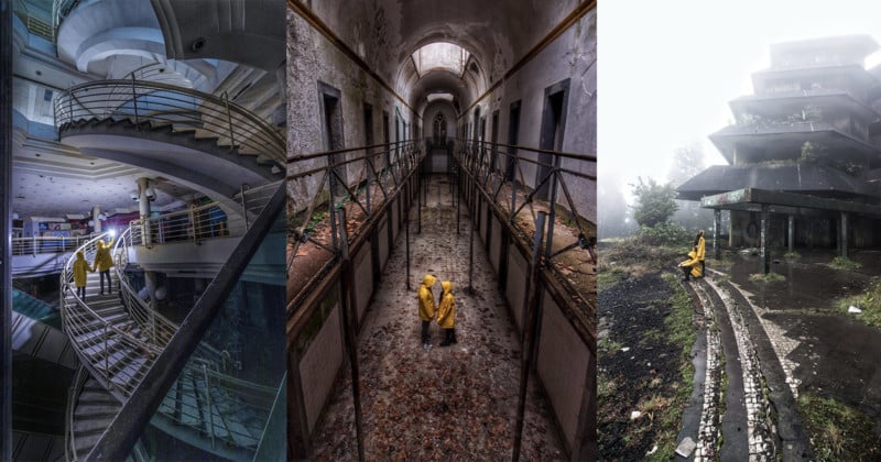 Couple Contrasts Abandoned Spaces and Colorful Coats in Surreal Photos