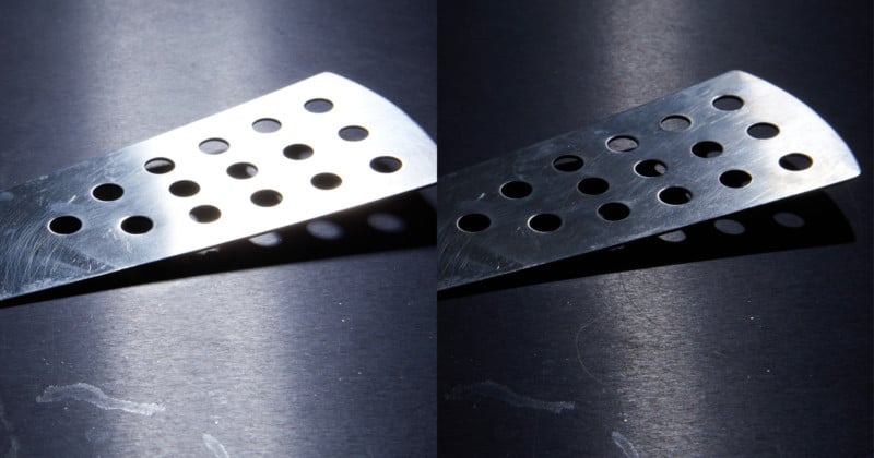 A side by side comparison of light hitting metal