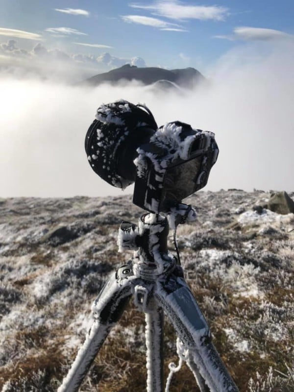 Timelapse camera coated in ice in freezing conditions
