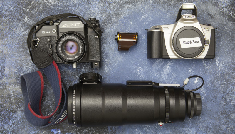 Film camera equipment on a table