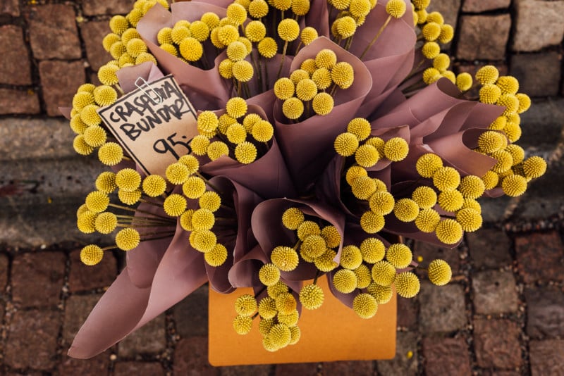 Top down photo of a bouquet of yellow flowers