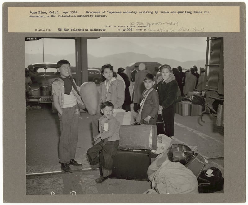 Photos of Japanese Americans being forcibly moved to concentration camps
