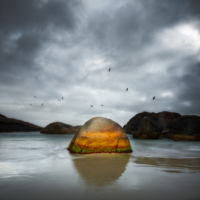 A brightly colored rock surrounded by a flock of birds against a stormy sky