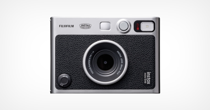 Front view of the Fujifilm Instax Mini Evo camera
