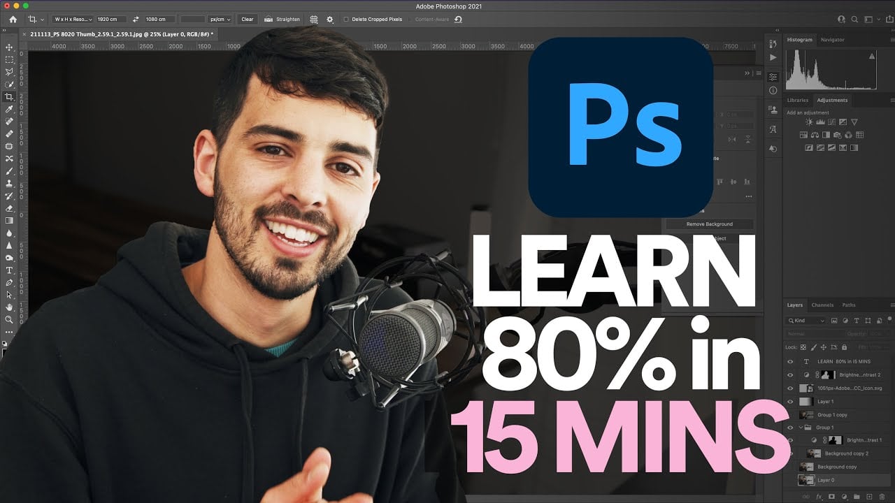 Graphic that shows text, learn 80% of photoshop in 15 minutes