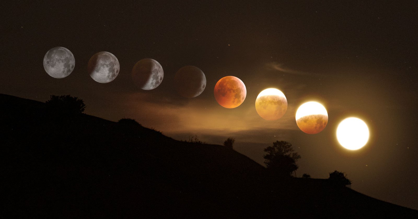 Lunar eclipse composite image over silhouetted hill with trees
