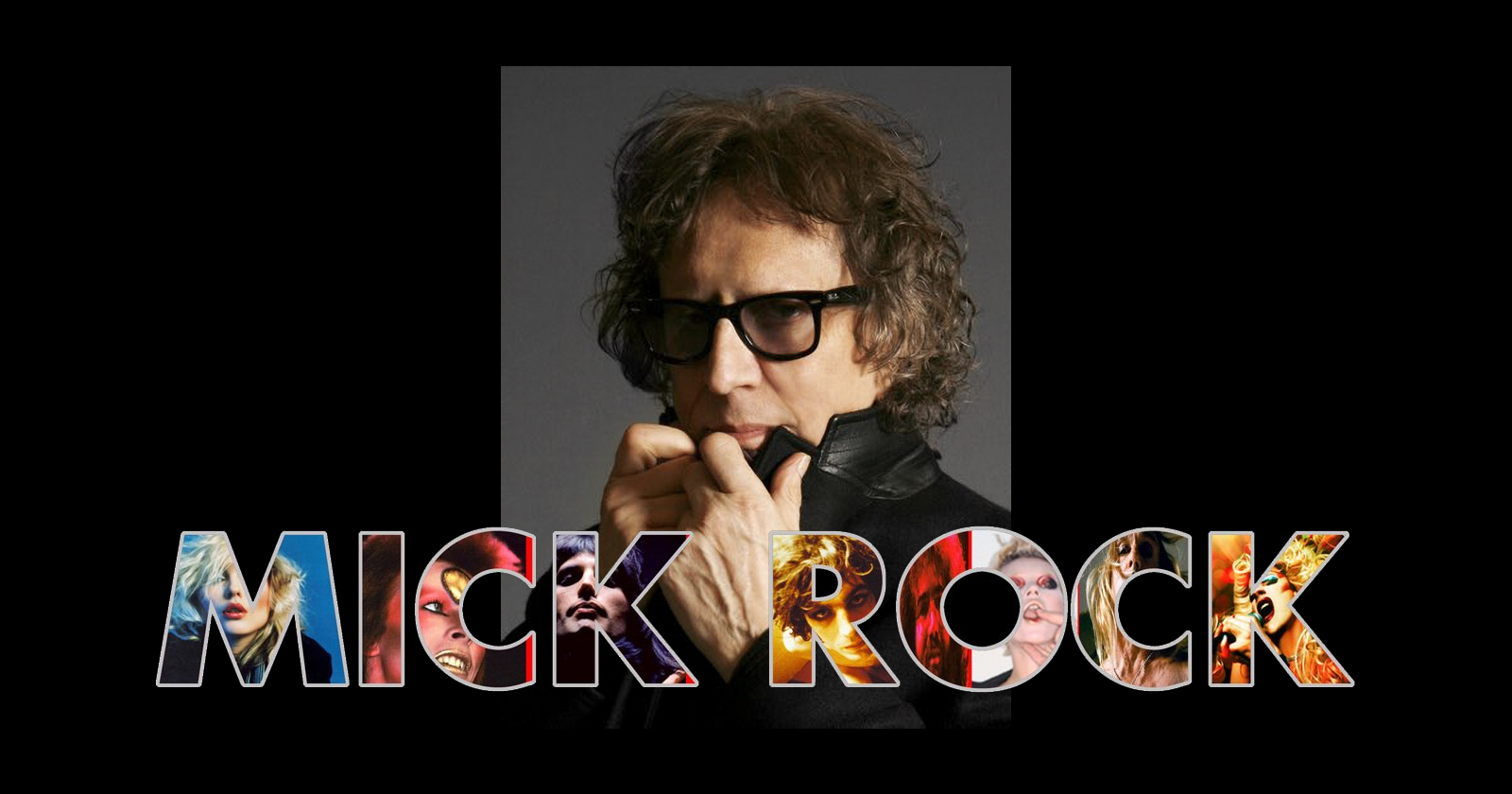 Photo of Mick Rock behind stylized text of his name