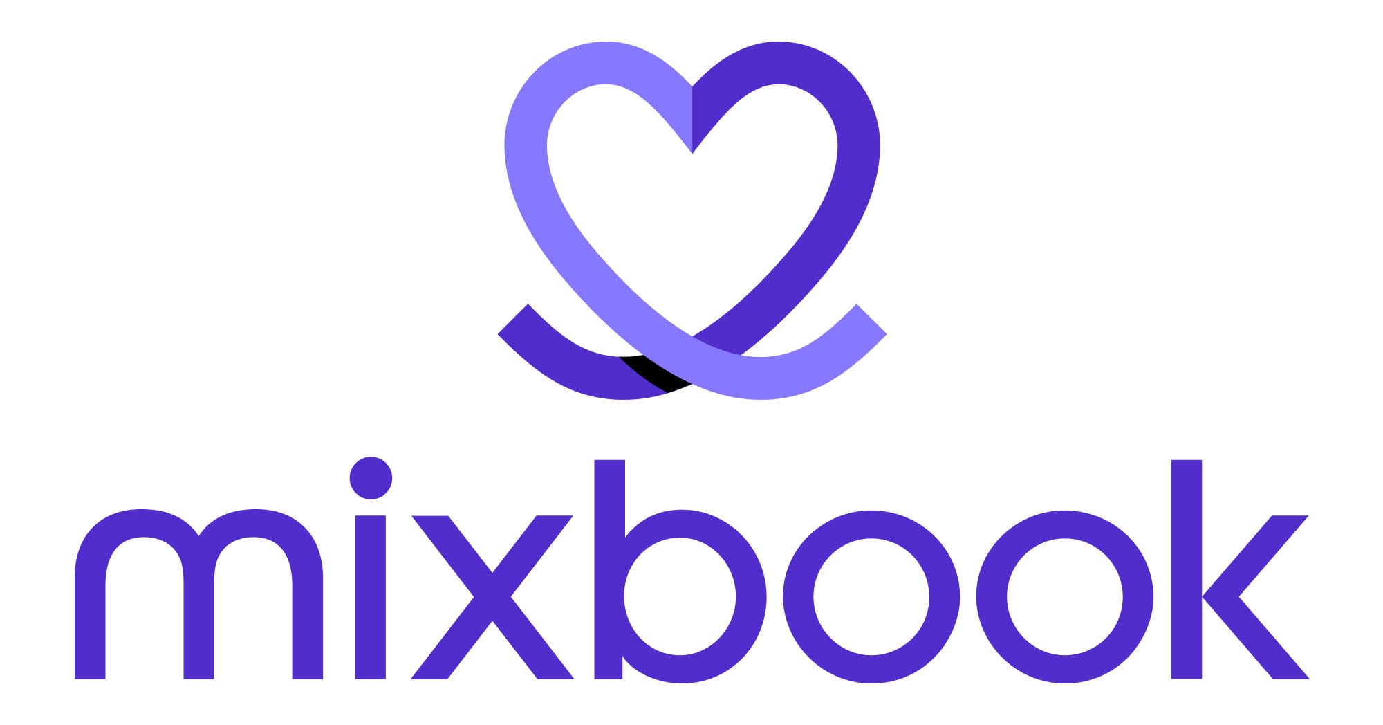 The Mixbook logo features a purple heart-shaped design above the word "mixbook" in bold, lowercase purple letters on a white background.