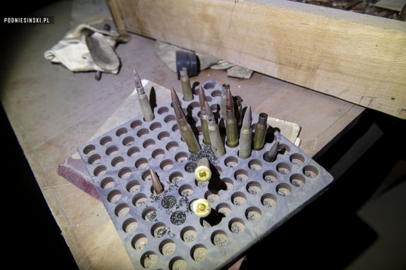 Old ammo cartridges in a holder tray