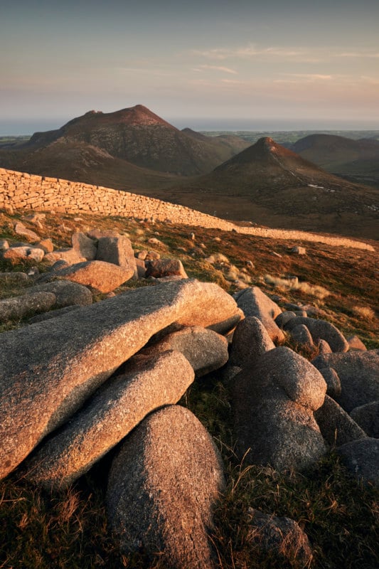 A wide view of the mourne mountains in ireland