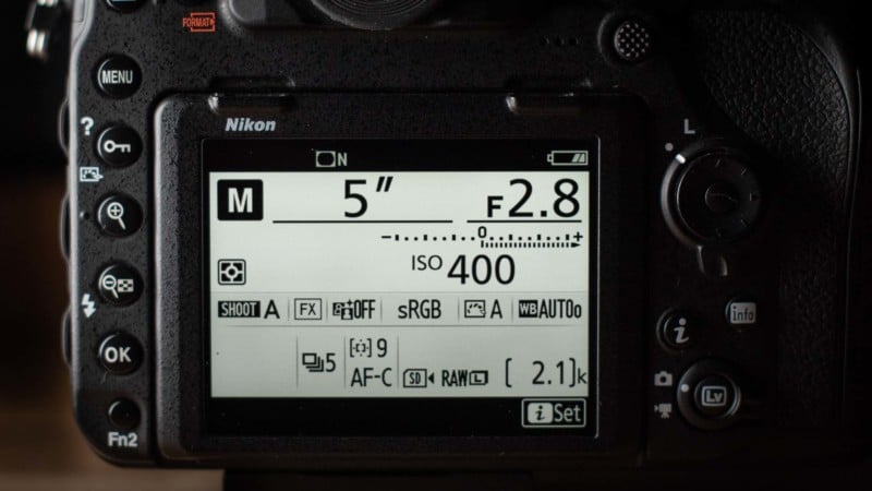 Photo of rear screen on Nikon D850 denoting camera settings for lunar photography