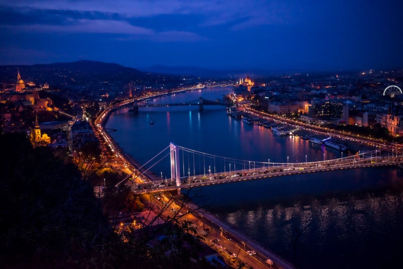 High-angle, wide shot of Budapest during blue hour.