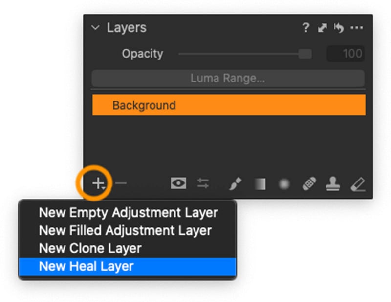 A screenshot showing the process of creating a new heal layer in Capture One