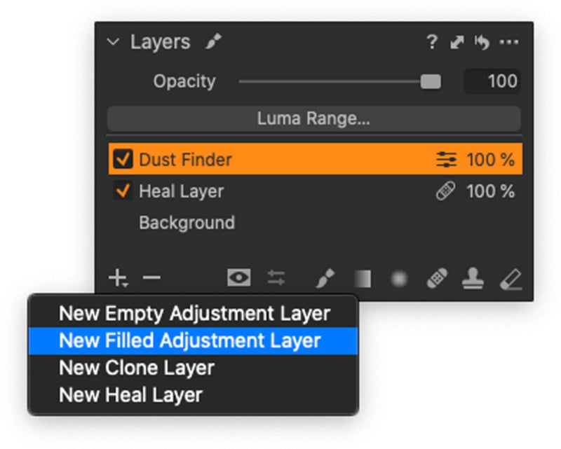A screenshot showing how to create a new filled adjustment layer in Capture One