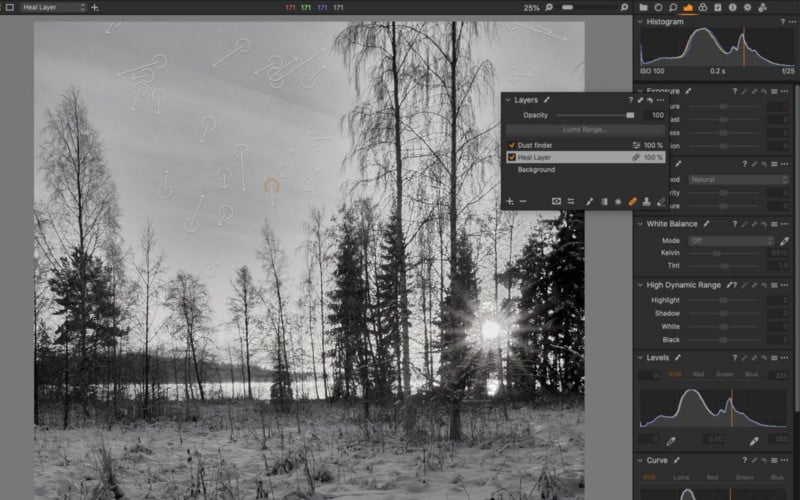 A screenshot in Capture One showing dust spots being removed