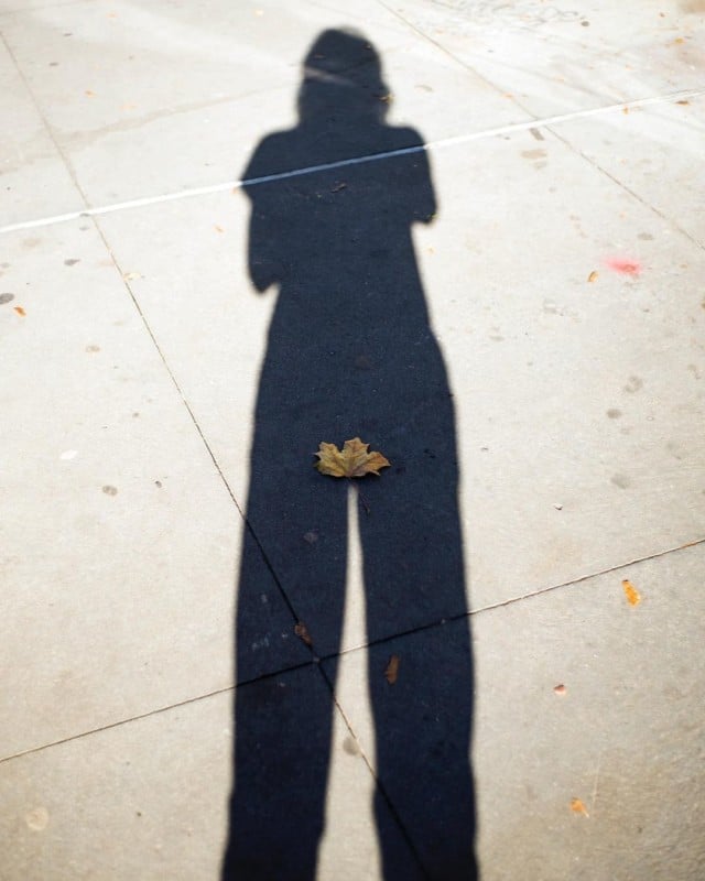 A shadow of a photographer with a leaf over the groin of the shadow