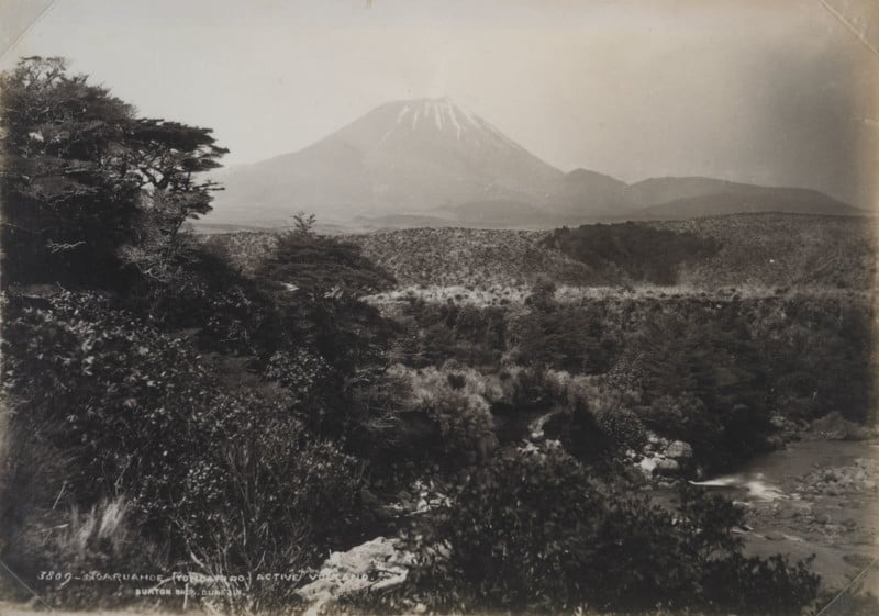 A vintage black and white photo of an active volcano in New Zealand in the late 1800s