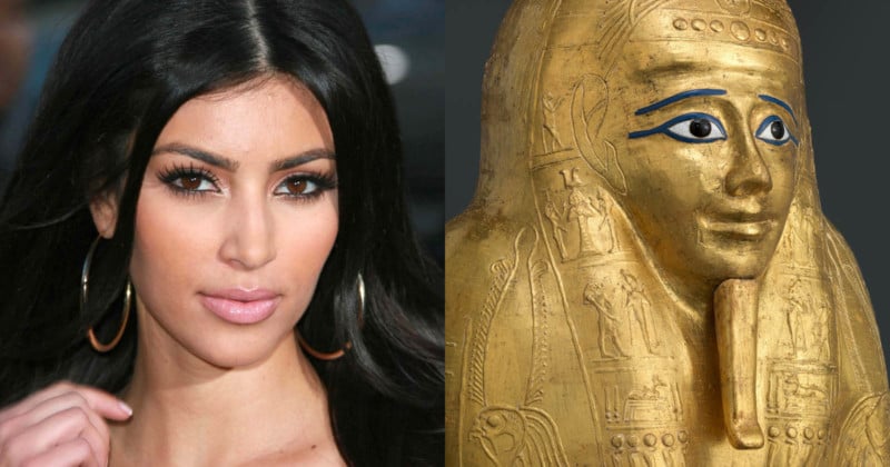 A side-by-side photo of Kim Kardashian and a gold Egyptian coffin
