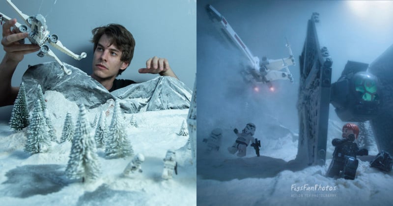 A toy photographer building a small Star Wars scene with LEGO