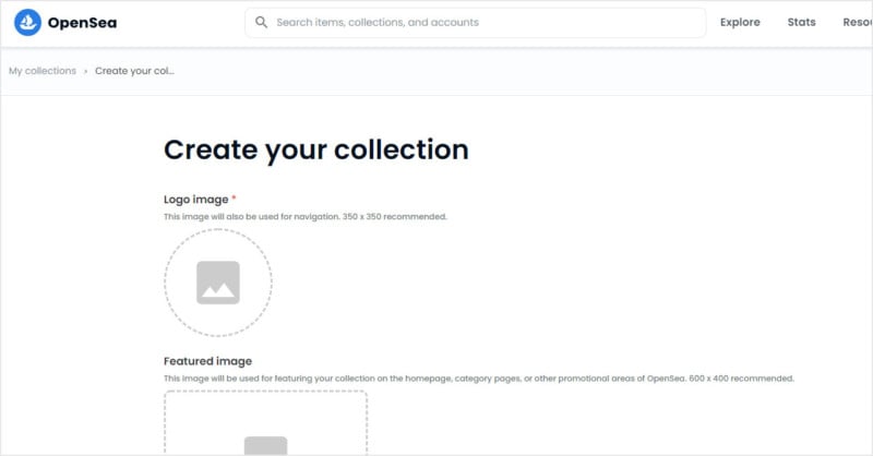 A screenshot of OpenSea for creating a new collection