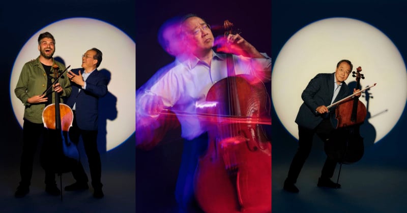 Three photos of cellist Yo-Yo Ma