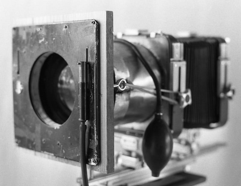 An Aero Ektar mounted to a large format camera