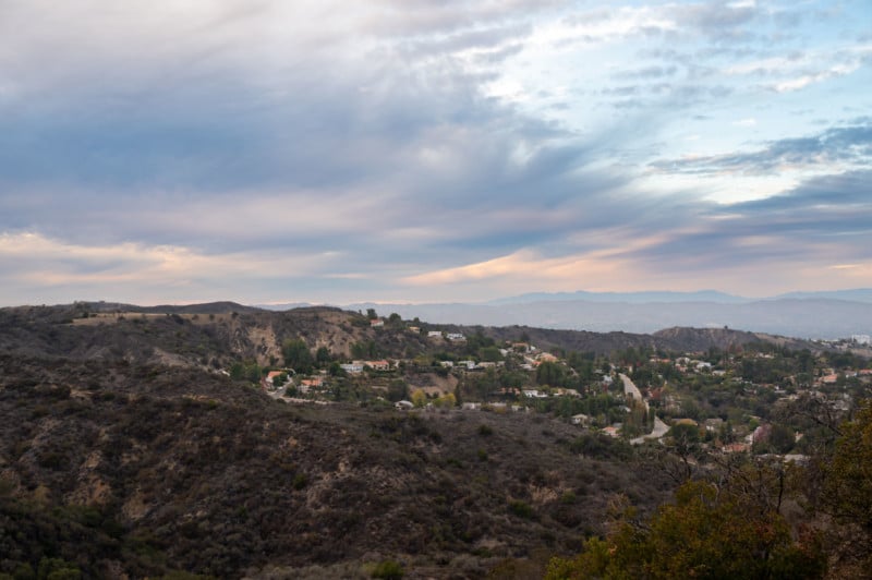 A photo of a landscape at sunset