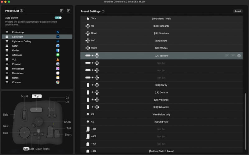 A screenshot of Presets for the TourBox Elite