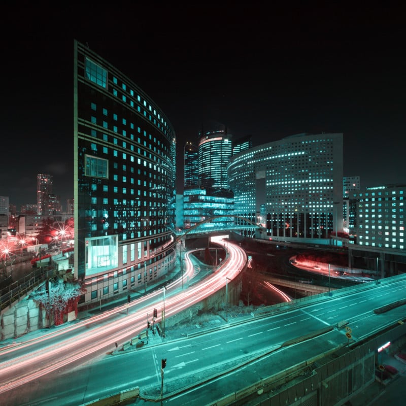 A nighttime infrared cityscape photo by Pierre-Louis Ferrer