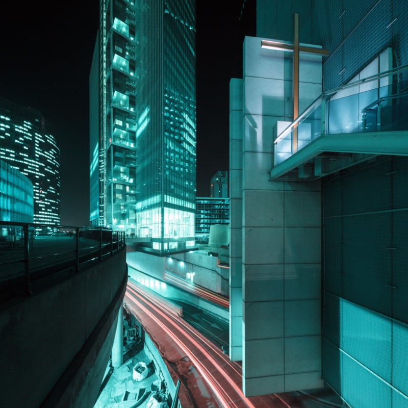 A nighttime infrared cityscape photo by Pierre-Louis Ferrer