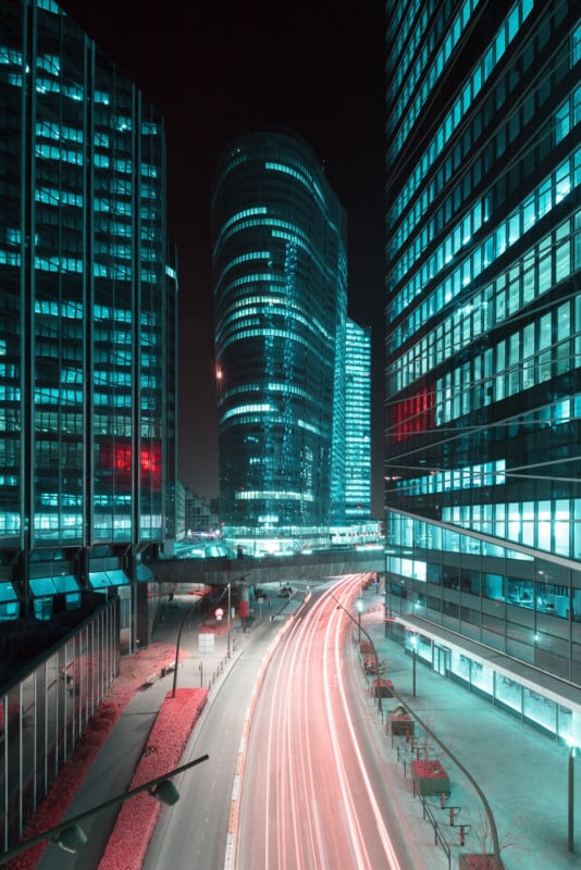 A nighttime infrared cityscape photo by Pierre-Louis Ferrer after post-processing