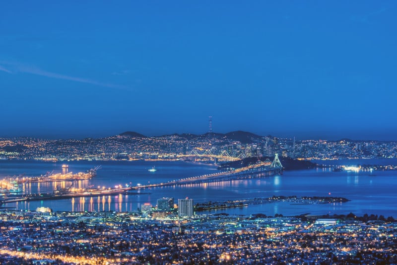 Berkeley, Oakland and San Francisco in a pre-dawn blue.