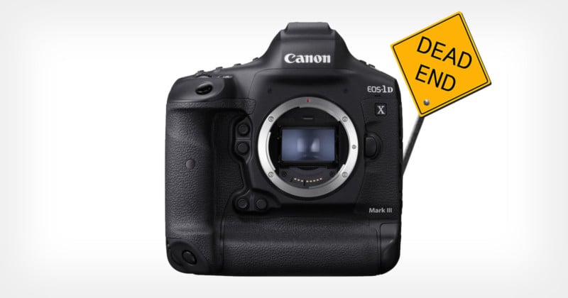 A Canon 1D X Mark III flagship DSLR with a dead end sign