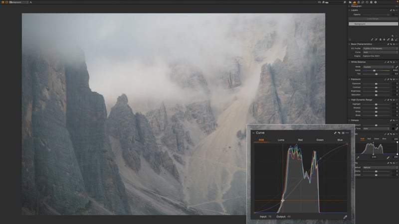 A screenshot of using Curves to edit a photo in Capture One 22