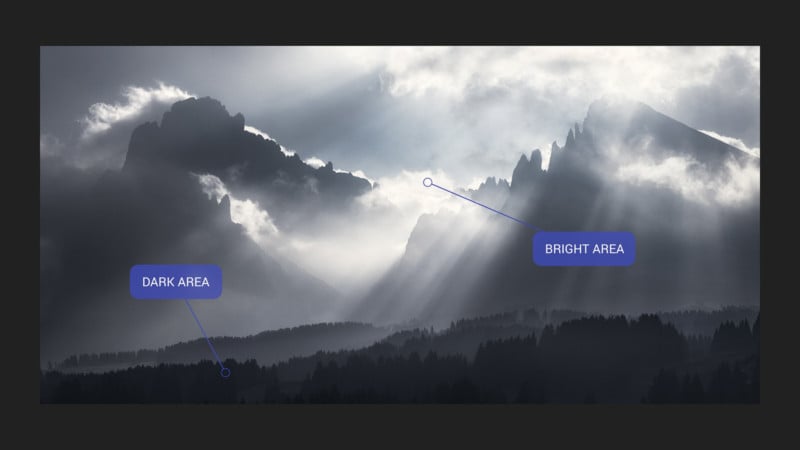 An illustration showing light and dark areas of a mountain photo