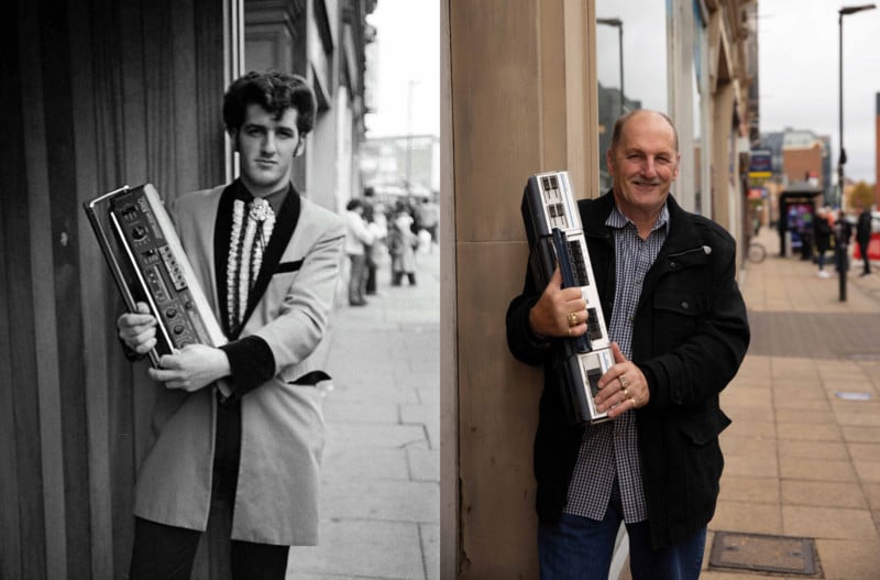 Then and now photos of a man holding a boombox