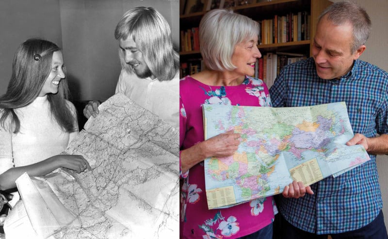 Then and now photos of a couple looking at a map