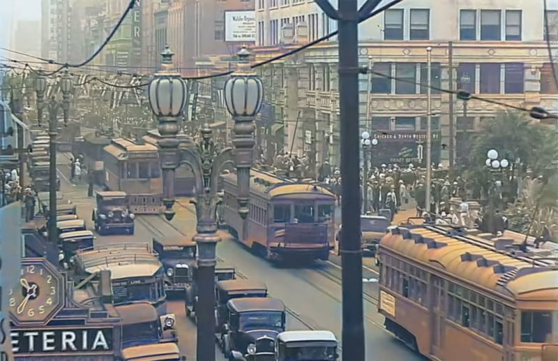 A colorized still frame of downtown Los Angeles in the 1930s